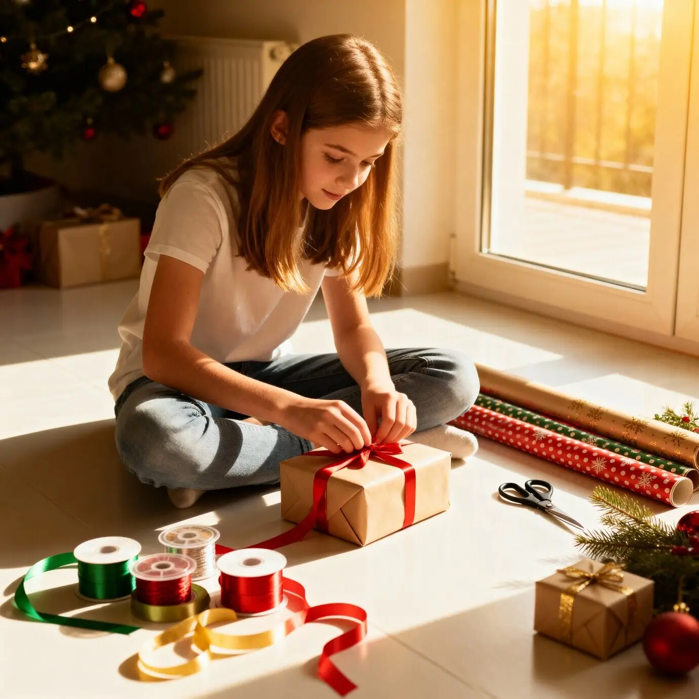 Ganzkörperaufnahme eines Mädchens, das Geschenke einpackt.